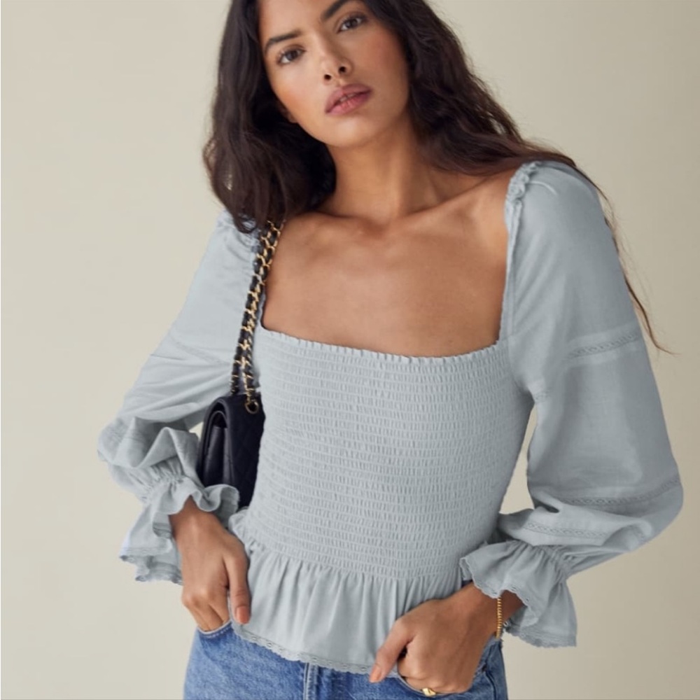 Reformation Roland Smocked Square Neck Top XS